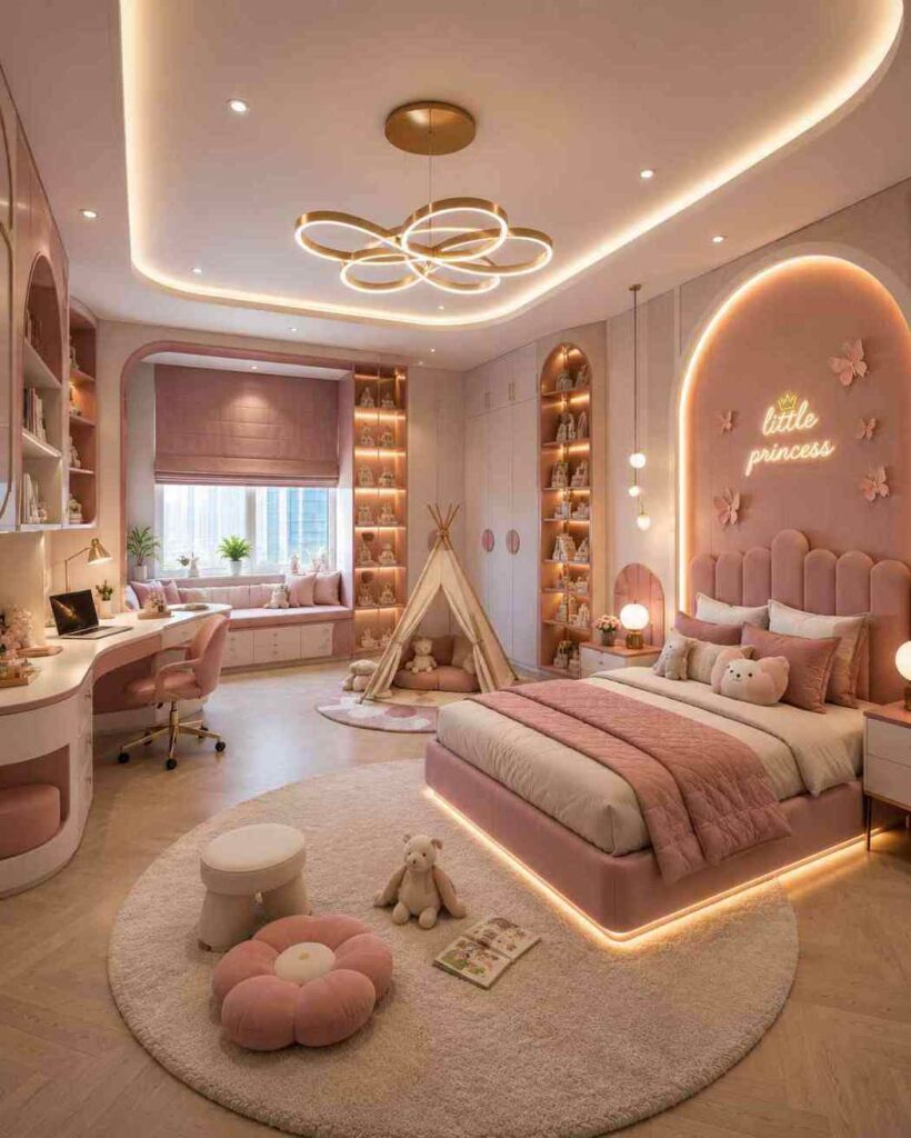 Pink princess girls bedroom with upholstered bed, study desk, window seat, and cozy play nook