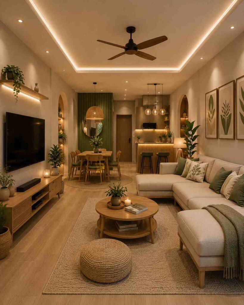 Scandinavian open plan living room with a cozy sectional sofa, wooden TV unit, integrated dining area, warm ceiling lighting, natural wood finishes, and minimalist home décor. 
