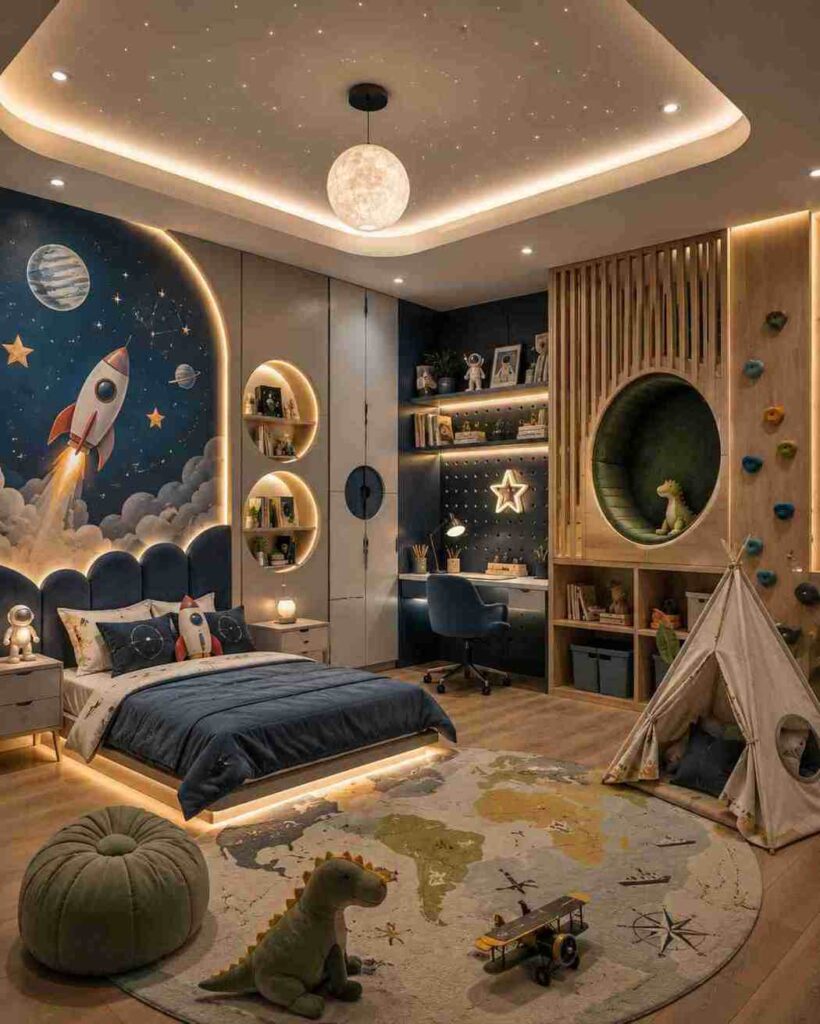 Space-themed boys bedroom with rocket wall mural, study desk, climbing wall, and play tent