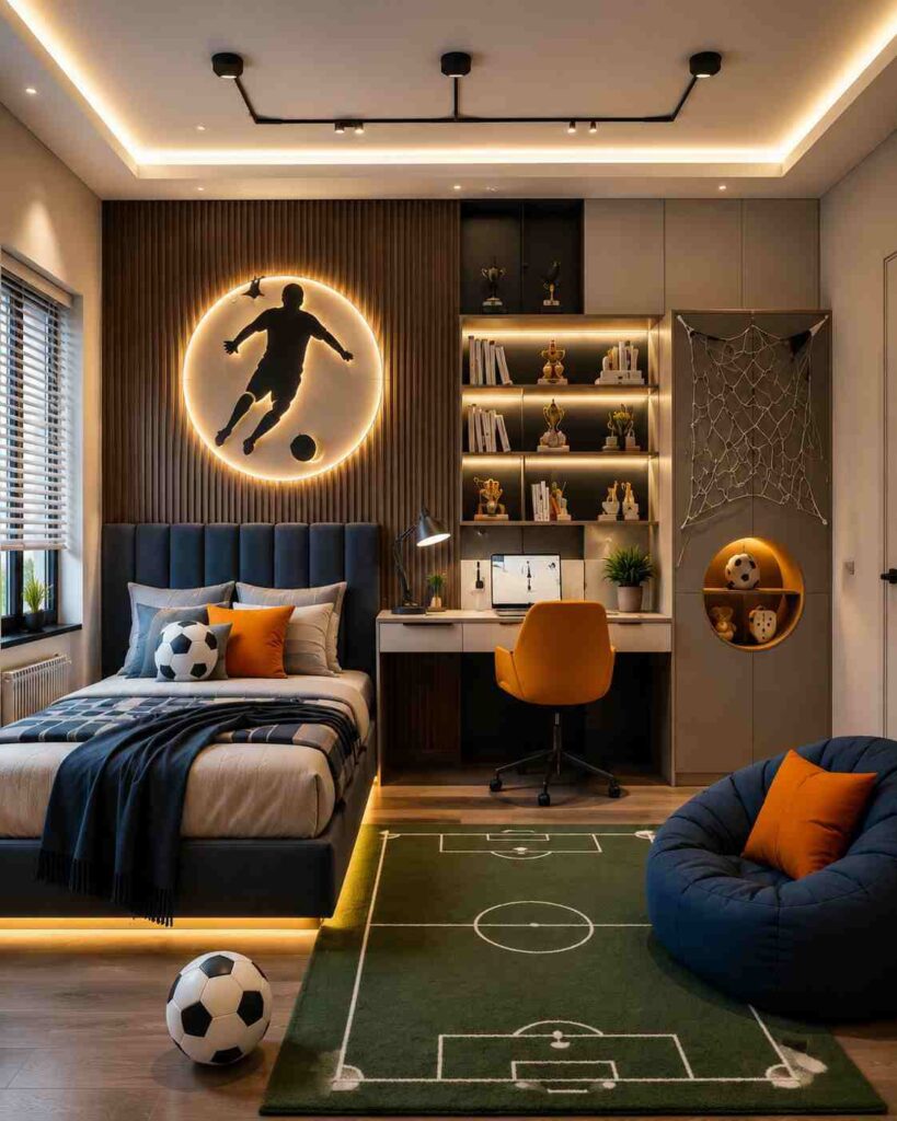 Sports-themed boys bedroom with football wall decor, study desk, built-in storage, soccer rug, cozy bed and lounge chair.